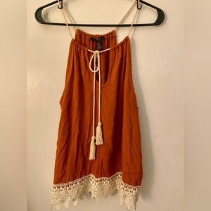 Forever 21 lace rayon rust colored cami with rope and tassel tie. Small.